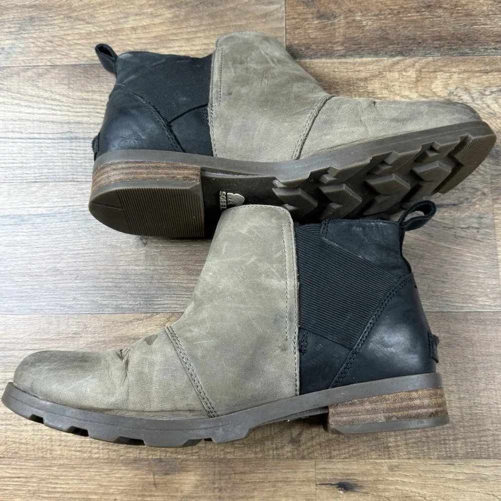 Sorel Emelie Chelsea‎ Boots Leather Booties Waterproof Quarry Black Size 9